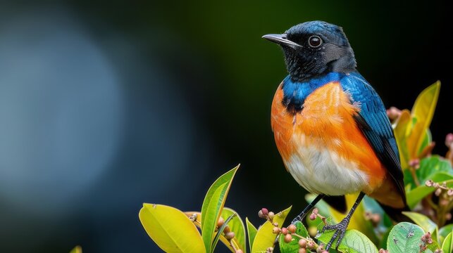 Small Colorful Bird With Blue Head And Orange Chest Perched On A Green Branch.