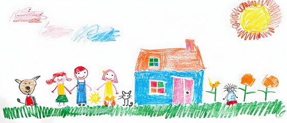 Naklejka premium Naive children's drawing with colored chalk on white paper, made by hand by a child, family and a house with adorable pets, isolated on white background
