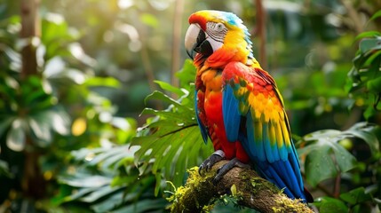 Obraz premium A Brightly Colored Parrot Perches On A Branch In The Jungle.