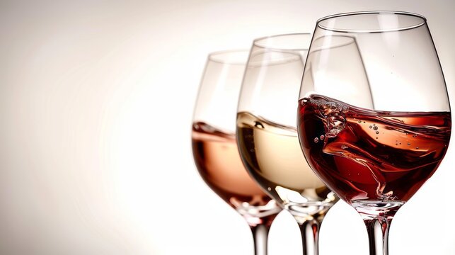Three Glasses Of Wine In A Row With White, Rose And Red Wine.