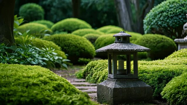 Video animation of serene Japanese garden with neatly trimmed round shrubs and a stone lantern along a pathway