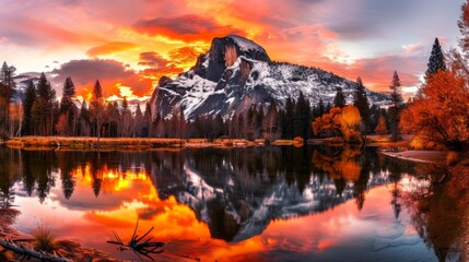 The Setting Sun Casts A Fiery Glow On Half Dome And The Merced River In Yosemite National Park.