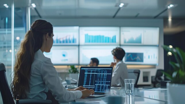 A corporate team working together in an open-plan office, analyzing financial data on laptops and digital screens