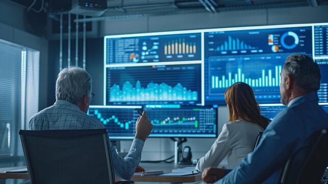 A team of business executives in a modern conference room, discussing corporate strategy with charts and graphs displayed on monitors