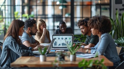 A corporate team working together in an open-plan office, analyzing financial data on laptops and digital screens