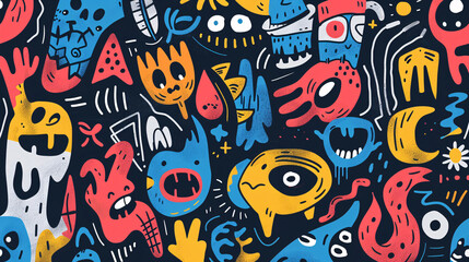 Obraz premium Hand-drawn doodle pattern featuring various faces and expressions in bright colors