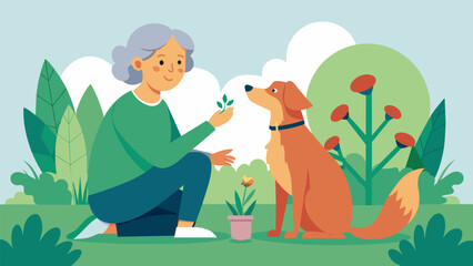 Fototapeta premium An elderly woman sits in her garden her loyal dog by her side as she brushes its fur and talks to it about her day.. Vector illustration