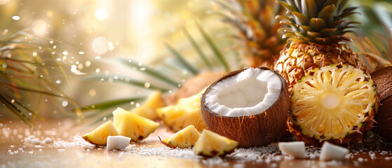 Exotic tropical fruits like pineapples and coconuts on a bright background, banner or wallpaper