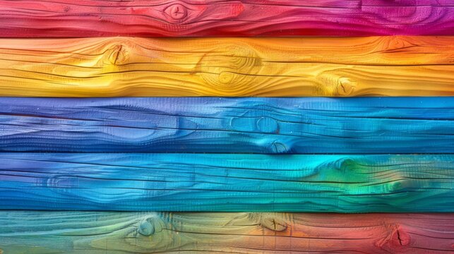 Rainbow Painted Wooden Fence Planks. Wood Texture Background In Bright Rainbow Colors.