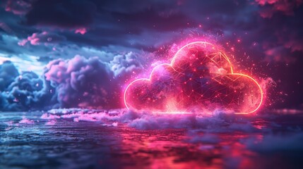 Abstract digital cloud computing icon with neon arrows up and down on a futuristic cyberpunk blue-purple background.