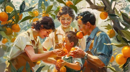 A family picking oranges from a tree, capturing a joyful moment of togetherness and the bounty of nature