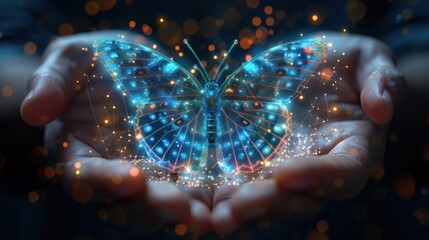 A digital abstract butterfly flies from businessman hands.