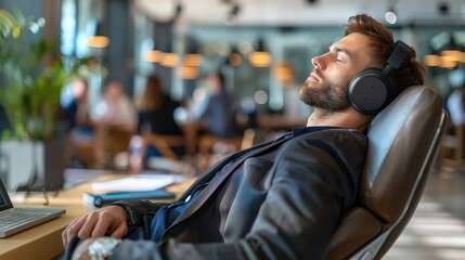 Fototapeta premium Serene Young Businessman Enjoying Music Break in Contemporary Office Setting, A man wearing headphones is relaxing