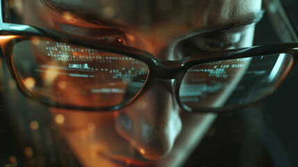 The specialist works in the data center in the server room. Close-up of a young hacker working on opening a password. A man with glasses that reflect the code