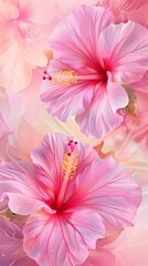 Vibrant Pink Hibiscus Flower Blossoms in Vertical Symmetrical Composition