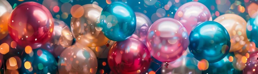 A vibrant and dynamic backdrop featuring an assortment of balloons and party decor