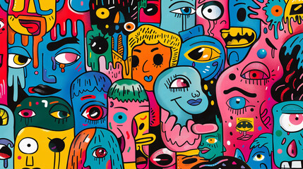 Fototapeta premium Modern poster featuring a collage of colorful cartoon characters and doodles