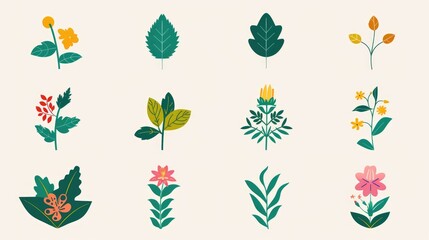A set of 12 colorful plant icons featuring various types of plants, including flowers, trees, and herbs, all designed in a simple, flat style against a white background