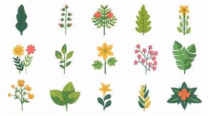 A set of 12 colorful plant icons featuring various types of plants, including flowers, trees, and herbs, all designed in a simple, flat style against a white background