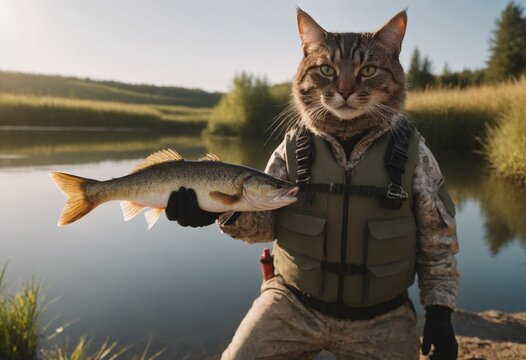 the cat is holding a fish that was caught while fishing