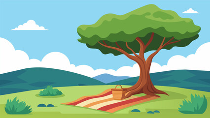 An open field with a woven blanket spread out under a sprawling tree providing a natural canopy for outdoor meditation.. Vector illustration