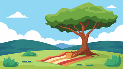 Fototapeta premium An open field with a woven blanket spread out under a sprawling tree providing a natural canopy for outdoor meditation.. Vector illustration