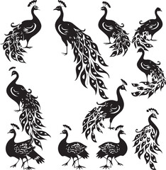 Set of Peacock black silhouette