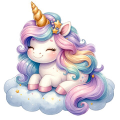 Cute unicorn is sleeping on the cloud 
