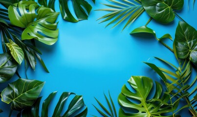 Beautiful Exotic Tropical Leaves Assortment on Pastel Blue Background
