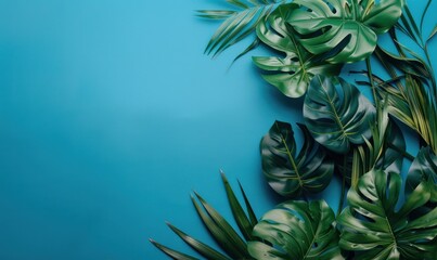 Beautiful Exotic Tropical Leaves Assortment on Pastel Blue Background