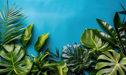 Beautiful Exotic Tropical Leaves Assortment on Pastel Blue Background
