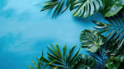 Beautiful Exotic Tropical Leaves Assortment on Pastel Blue Background