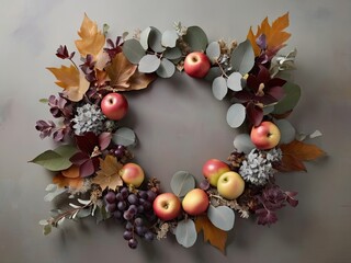 Fall Foliage Frame with Eucalyptus, Dusty Miller, Lamb's Ear, Grapes, and Apples