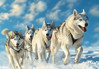 Siberian husky dogs running in a team on snow with a blue sky background, concept of a dog sled race