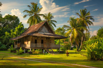 An AI generative image of rumah kampung with nature during golden hour