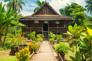 Obraz premium An AI generative image of rumah kampung with nature during afternoon.