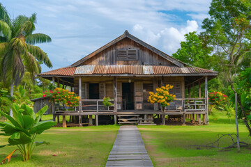 An AI generative image of rumah kampung with nature during daytime.