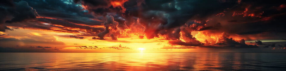 seascape at sunset, panorama view of sunrise and clouds, dawn or dusk. Wall Art Poster Print Design for Home Decor, Decoration Artwork, High Resolution Wallpaper and Background for Computer