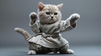 A cute cat in a karate gi, ready to strike a pose.
