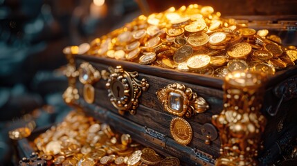A treasure chest overflowing with gold coins and jewels, symbolizing financial success and prosperity