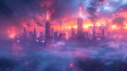 An abstract cityscape with futuristic skyscrapers and neon lights illuminating the night sky