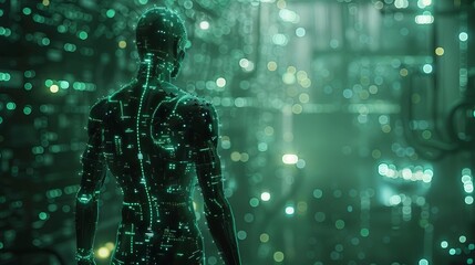 A digital human silhouette standing in a futuristic server room.