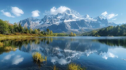 Fototapeta premium Stunning mountain landscape with clear blue lake reflecting snow-capped peaks under a bright sky with fluffy clouds.