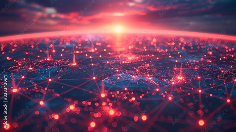 Poster network towers connected on world map background.