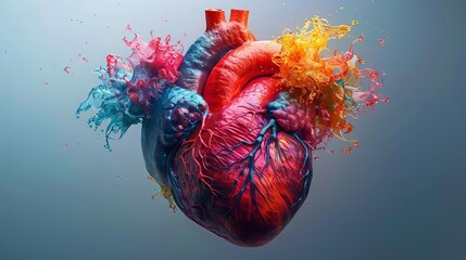 A vibrant 3D model of the human heart with arteries and veins depicted as flowing rivers and streams