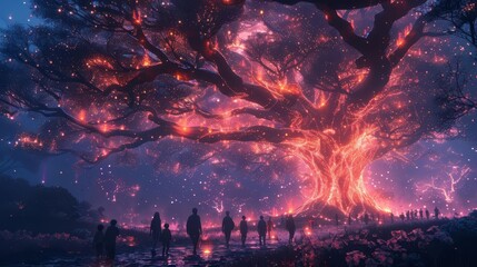 Fototapeta premium A vibrant scene of people engaging in forest bathing, walking through an enchanted forest with glowing trees and mystical creatures
