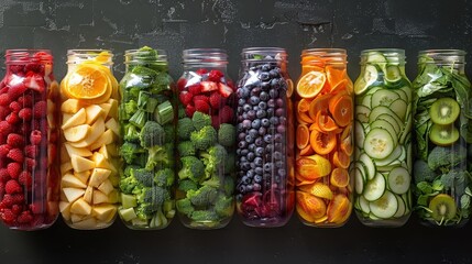 A vibrant smoothie bar with a rainbow of fruit and vegetable ingredients, representing healthy drink options