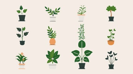 Twelve unique plant icons showcasing a variety of greenery, from potted plants to garden shrubs, all with clean lines and vibrant colors on a white background