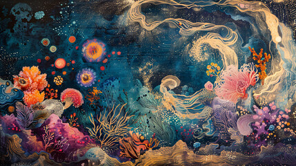 Abstract drawing of flora and fauna in a tropical ocean