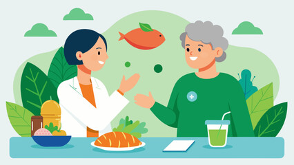 The nutritionist and her elderly client discuss the benefits of including antiinflammatory foods like leafy greens and fatty fish into their holistic nutrition plan for improved. Vector illustration